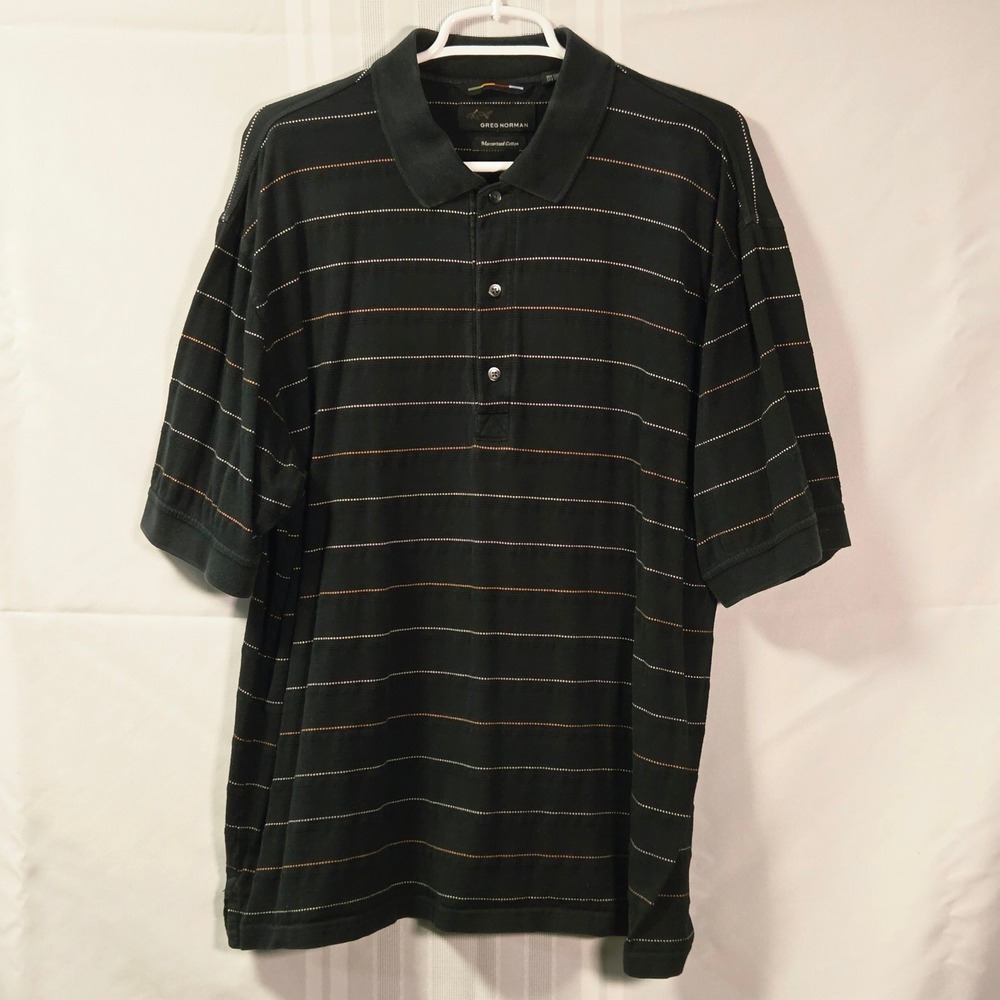 Greg Norman Polo Shirt Mens XL Black Striped Mercerized Cotton Short Sleeve Golf